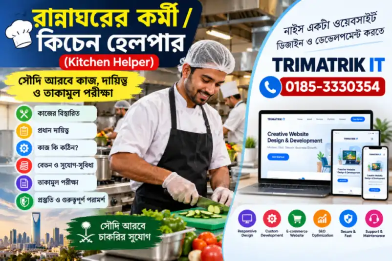 রান্নাঘরের কর্মী  কিচেন হেলপার (Kitchen Helper) – সৌদি আরবে কাজ, দায়িত্ব ও তাকামুল পরীক্ষা