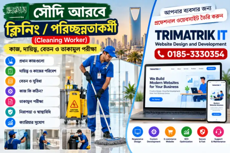সৌদি আরবে ক্লিনিং / পরিচ্ছন্নতাকর্মী (Cleaning Worker) – কাজ, দায়িত্ব, বেতন ও তাকামুল পরীক্ষা